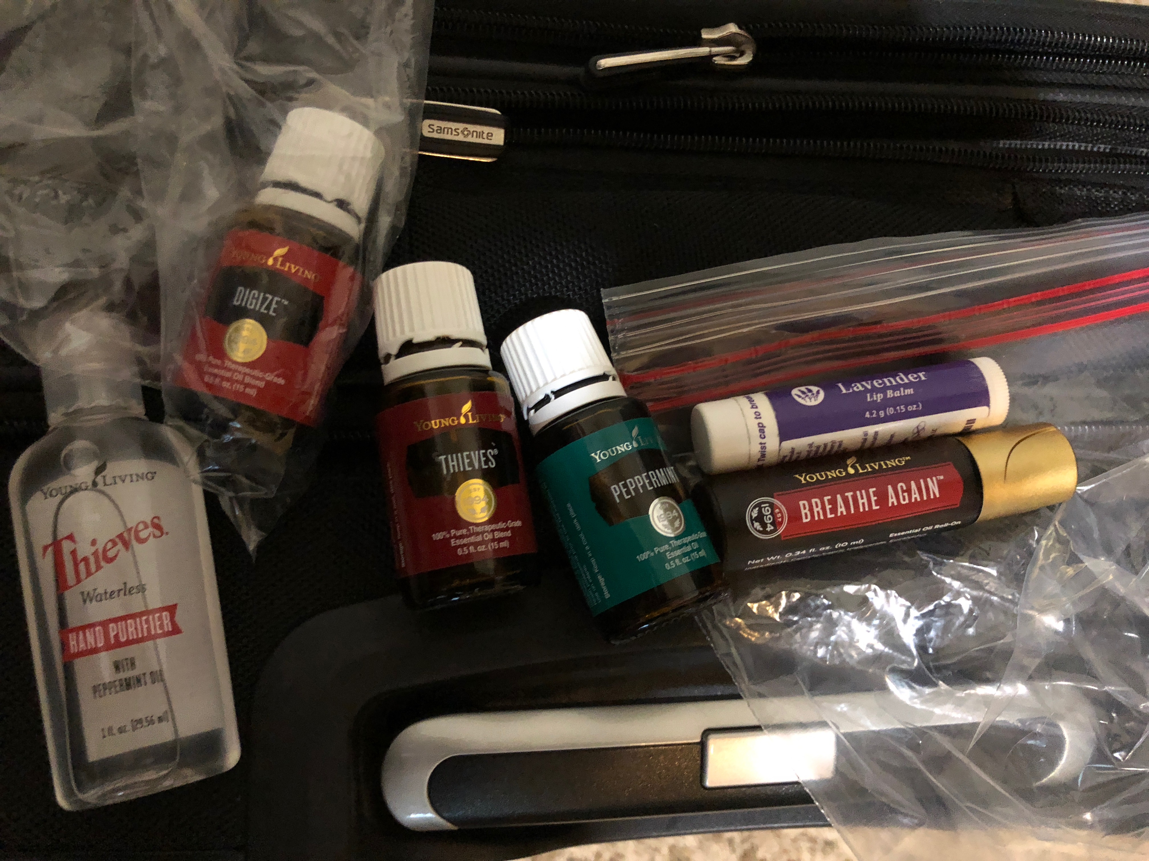 My Essential Oils for travel: Thieves hand purifier, Digize, Thieves, Peppermint, Breathe Again. Travel oils.
